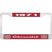 1971 CHEVROLET RED  AND CHROME LICENSE PLATE FRAME  WITH WHI