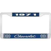 1971 CHEVROLET BLUE AND CHROME LICENSE PLATE FRAME WITH WHIT