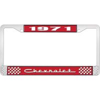 1971 CHEVROLET RED  AND CHROME LICENSE PLATE FRAME  WITH WHI