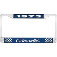 1973 CHEVROLET BLUE AND CHROME LICENSE PLATE FRAME WITH WHIT