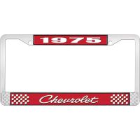 1975 CHEVROLET RED  AND CHROME LICENSE PLATE FRAME  WITH WHI