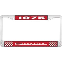 1975 CHEVROLET RED  AND CHROME LICENSE PLATE FRAME  WITH WHI