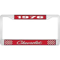 1976 CHEVROLET RED  AND CHROME LICENSE PLATE FRAME  WITH WHI