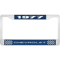 1977 CHEVROLET BLUE AND CHROME LICENSE PLATE FRAME WITH WHIT