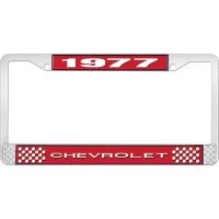 1977 CHEVROLET RED  AND CHROME LICENSE PLATE FRAME  WITH WHI