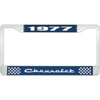 1977 CHEVROLET BLUE AND CHROME LICENSE PLATE FRAME WITH WHIT