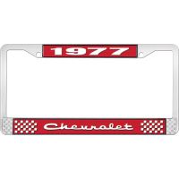 1977 CHEVROLET RED  AND CHROME LICENSE PLATE FRAME  WITH WHI