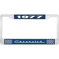 1977 CHEVROLET BLUE AND CHROME LICENSE PLATE FRAME WITH WHIT