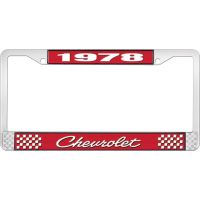 1978 CHEVROLET RED  AND CHROME LICENSE PLATE FRAME  WITH WHI