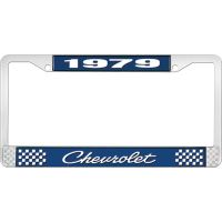 1979 CHEVROLET BLUE AND CHROME LICENSE PLATE FRAME WITH WHIT