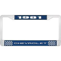 1981 CHEVROLET BLUE AND CHROME LICENSE PLATE FRAME WITH WHIT