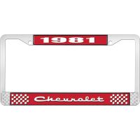 1981 CHEVROLET RED  AND CHROME LICENSE PLATE FRAME  WITH WHI