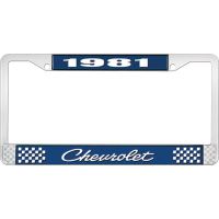 1981 CHEVROLET BLUE AND CHROME LICENSE PLATE FRAME WITH WHIT