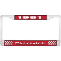 1981 CHEVROLET RED  AND CHROME LICENSE PLATE FRAME  WITH WHI