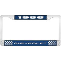 1986 CHEVROLET BLUE AND CHROME LICENSE PLATE FRAME WITH WHIT