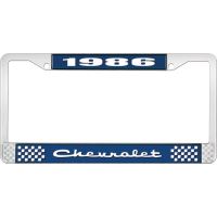 1986 CHEVROLET BLUE AND CHROME LICENSE PLATE FRAME WITH WHIT