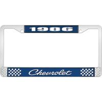 1986 CHEVROLET BLUE AND CHROME LICENSE PLATE FRAME WITH WHIT