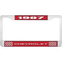 1987 CHEVROLET RED  AND CHROME LICENSE PLATE FRAME  WITH WHI