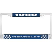 1989 CHEVROLET BLUE AND CHROME LICENSE PLATE FRAME WITH WHIT