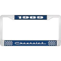 1989 CHEVROLET BLUE AND CHROME LICENSE PLATE FRAME WITH WHIT