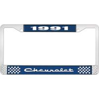 1991 CHEVROLET BLUE AND CHROME LICENSE PLATE FRAME WITH WHIT