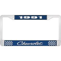 1991 CHEVROLET BLUE AND CHROME LICENSE PLATE FRAME WITH WHIT