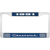 1991 CHEVROLET BLUE AND CHROME LICENSE PLATE FRAME WITH WHIT