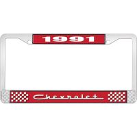 1991 CHEVROLET RED  AND  CHROME LICENSE PLATE FRAME WITH WHI