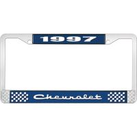 1997 CHEVROLET BLUE AND CHROME LICENSE PLATE FRAME WITH WHIT