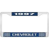 1997 CHEVROLET BLUE AND CHROME LICENSE PLATE FRAME WITH WHIT