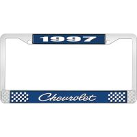 1997 CHEVROLET BLUE AND CHROME LICENSE PLATE FRAME WITH WHIT