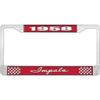 1958 IMPALA  RED  AND  CHROME LICENSE PLATE FRAME WITH WHITE