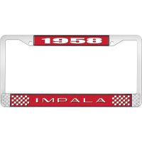 1958 IMPALA  RED  AND  CHROME LICENSE PLATE FRAME WITH WHITE