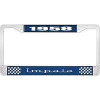 1958  IMPALA BLUE AND CHROME LICENSE PLATE FRAME WITH WHITE