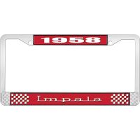 1958 IMPALA RED AND CHROME LICENSE PLATE FRAME WITH WHITE LE