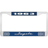 1963 IMPALA  BLUE AND CHROME LICENSE PLATE FRAME WITH WHITE