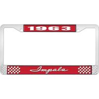 1963 IMPALA RED AND CHROME LICENSE PLATE FRAME WITH WHITE LE