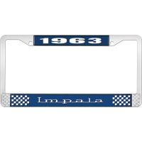 1963 IMPALA  BLUE AND CHROME LICENSE PLATE FRAME WITH WHITE