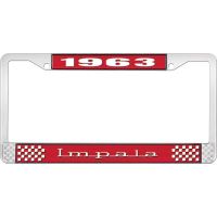 1963 IMPALA RED AND CHROME LICENSE PLATE FRAME WITH WHITE LE