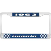 1963 IMPALA  BLUE AND CHROME LICENSE PLATE FRAME WITH WHITE