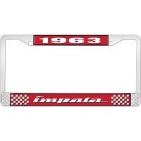 1963 IMPALA RED AND CHROME LICENSE PLATE FRAME WITH WHITE LE