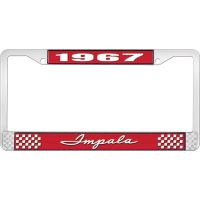 1967 IMPALA RED AND CHROME LICENSE PLATE FRAME WITH WHITE LE