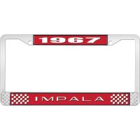 1967 IMPALA RED AND CHROME LICENSE PLATE FRAME WITH WHITE LE