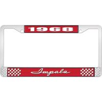 1968 IMPALA RED AND CHROME LICENSE PLATE FRAME WITH WHITE LE