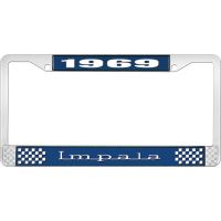 1969 IMPALA  BLUE AND CHROME LICENSE PLATE FRAME WITH WHITE