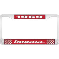 1969 IMPALA RED AND CHROME LICENSE PLATE FRAME WITH WHITE LE