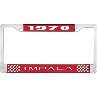 1970 IMPALA RED AND CHROME LICENSE PLATE FRAME WITH WHITE LE