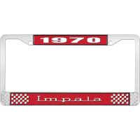 1970 IMPALA RED AND CHROME LICENSE PLATE FRAME WITH WHITE LE
