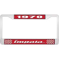 1970 IMPALA RED AND CHROME LICENSE PLATE FRAME WITH WHITE LE