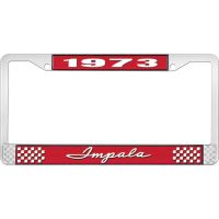 1973 IMPALA RED AND CHROME LICENSE PLATE FRAME WITH WHITE LE